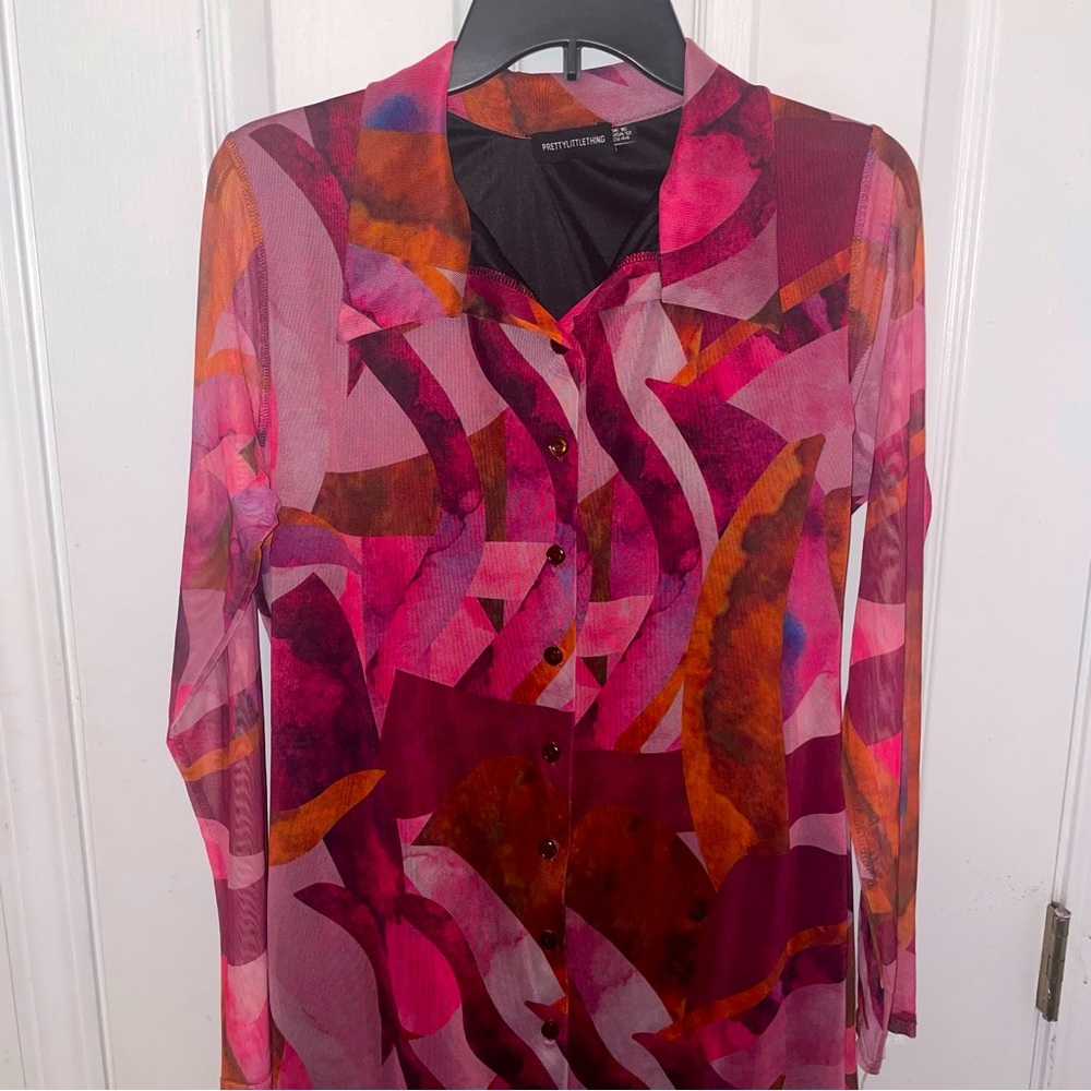 Plt Plus Pink Abstract Mesh Button Down Shirt Dre… - image 2